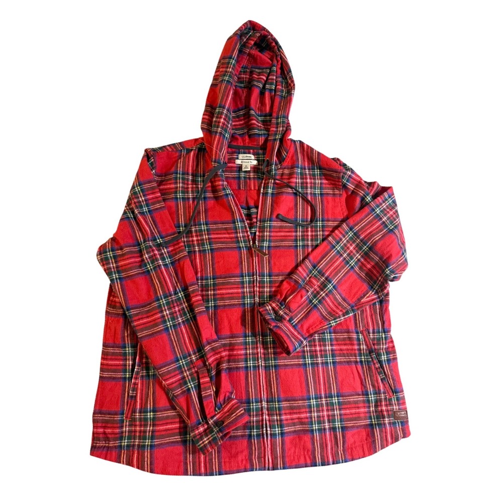 LL Bean Womens XL Red Tartan Plaid Flannel Hoodie Relaxed Fit Quarter Zip 502092